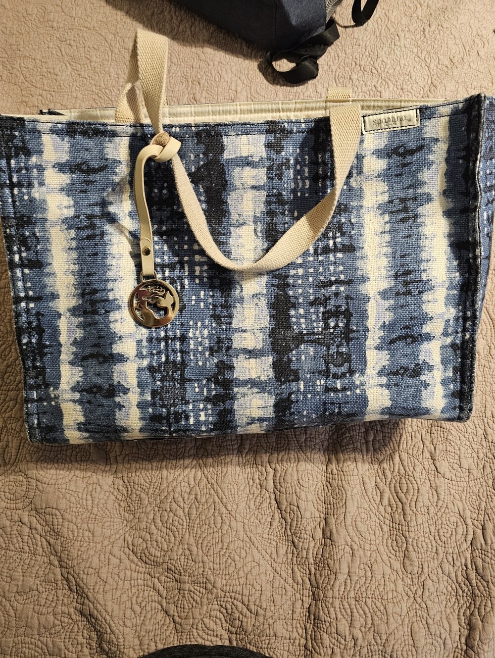 Spartina 449 Blue and Cream Ikat Canvas Tote with Charm